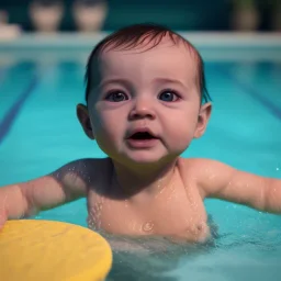 Baby swimming in pool unreal 5, octane render,cinema4d, dynamic lighting, dramatic lighting, 4k, redshift render, highly detailed, hyper realistic.