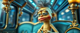 close up portrait of hairy fluffy polymer clay cute female happy worried banana monster with realistic human colored and textured skin, and long sleek limbs and with studio lights, on a luxury ornate neon buss, talking to his aunt