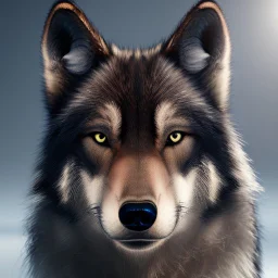 Ultra realistic cg rendering of black wolf with gold eyes