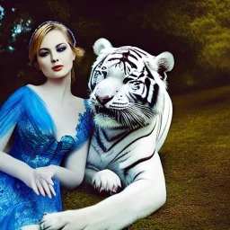 a beautiful sourceress that is riding a white tiger, dressed in a intricate blue dress, looking in camera, high definition, futuristic style