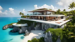 award winning cinematic landscape realistic photography of an dreamy luxury home exterior design on a top of a cliff on summer day at the Maldives beach