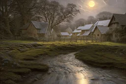 A Cotswold village, a brook, a bridge, Full moon, beautiful celestial sky, Milky Way, hyper-detailed art by Ivan Kramskoi. elegant intricate oil on canvas beautiful high detail award winning fantastic view crisp quality hdr