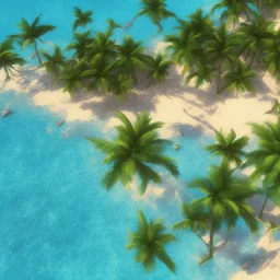 9. Generate an image of a sun-soaked beach with palm trees and crystal-clear water