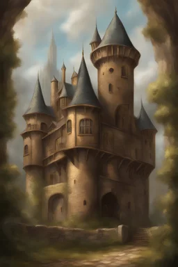 Castelo medieval de fantasia, velho com elementos steampunk, pintura realista. A paisagem está no subterrâneo