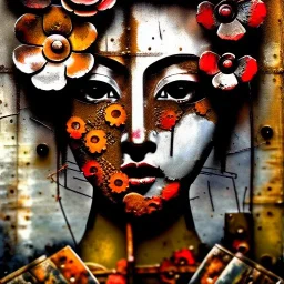 an abstract painting of rusted metal and flowers, Geisha portrait, rust, scaffolding, iron cladding, decay, mixed media, textured, anatomically correct, beautiful perfect face, sharp focus, highly detailed by Rembrandt 8k