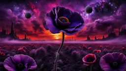 black poppy seed , purple poppy flower in the bloody sunset, on alien land, weird, surreal, complementer colors, fog, shadows, dead world, high detailed, far above on the dark sky is nebula, weird, surreal style, splash art