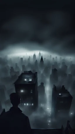 Offers an eerie first-person view of foggy night city, black sky in the distance, horror movie style