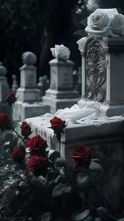 A grave above it a white lace scarf covered with blood and white roses. Cinematic picture