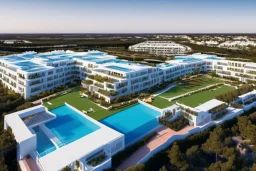 Sunset algarve in quinta do lago, a modern luxury villa apartments with 250 meters long and a pool on rooftop, with a separate clubhouse building facility with green roofs, overlooking the campus sport facility and inserted in the Ria Formosa Natural park, on a slope with pinus pinea, a wrap around low speed veicular road