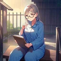 anime girl sitting on a porch swing of an old house, journaling, wearing pajamas, writing in a book, shes watching it rain, more detail on hands and her face,shes deep in her thoughts, wearing glasses, rain drops