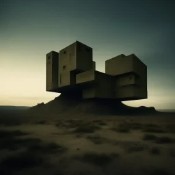 Photograph of odd brutalist buildings scattered over a wasteland, powder, night, people, nothingness, nightmare, minimalist, details of the terrain very accentuated, 8k, deep 3d field, sharp, eerily mysterious, artistic photo, large format film, fotograph by Yves Tanguy, scenography by René Magritte, hasselblad h6d400c --ar 85:128 --v 6.0