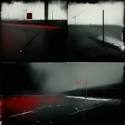 Minimal abstract oil paintings of a desolate 1960s carpark. Illuminated by a red spotlights. On the floor are concrete fragments and road markings . In the dark mysterious style of Justin Mortimer and Francis Bacon.