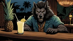 A werewolf drinking a Pina Colada at Trader Vic's. His hair is perfect. Illustration.