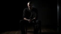 ، يظهر رجل جالس على كرسي في غرفة مظلمة. وجهه غير واضح، لكن يمكن رؤية عينيه مغمضتين. الرجل يرتدي ملابس سوداء، ويبدو أنه في حالة من الهدوء والتأمل.