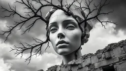 surrealis monochrome A fragmented, surreal sculpture liguid color of photorealistic image 3d,psychedelic art of small a women face glossy emerging from dreamlike a crumbling building. The face appears pale with deep cracks and intricate details, evoking a haunting expression. Blackened tree branches intertwine with the gold mengkilat cracks, set against a backdrop of stormy, cloud-filled skies. bauhaus art The overall tone is dark and moody, suggesting themes of decay and transformation. Include