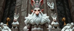 king troll brilliant detailed full figure portrait disco glittery goose slug alien fluffy muscle man dino anime in the style of Escher and Giger in front of dented marble tower of glitter bunny statues