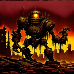 90's TCG art retro fantasy art of scrap robot monster post apocalyptic