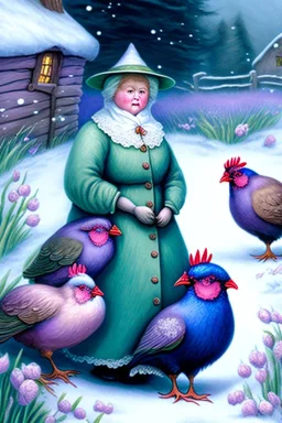 Friendly witch, playing with hens, perfect iris, pastel colours, snow, style Beatrix Potter