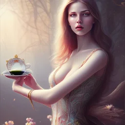 fantasy art, book cover, sexy grown up woman with closed eyes drinking tea by the mirror