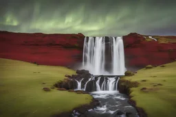 waterfall in Iceland at night, with aurora, green grass and a red house