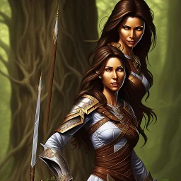 dungeons and dragons, female wood elf, druid, brown hair, brown eyes, full body, realistic face, short hair, hair tied back, large nose, closed mouth, leather armor, dark skin, one person