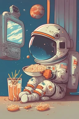 Un astronauta comiendo ramen mientras ve el fútbol, caricatura, linda