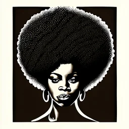 Ebony curvy lady with afro hairstyle, no smiling. Block print