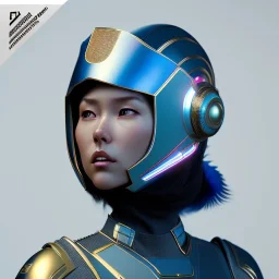 woman, asian, blue, minimal helmet, decorative color feathers, retro futuristic, latex coat, soft color, highly detailed, art stations, concept art, smooth, unreal engine 5, god rays, ray tracing, RTX, lumen lighting, ultra detail, volumetric lighting, 3d, finely drawn, high definition, high resolution.