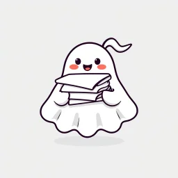An icon that features a cute and happy ghost. That holds a big pile of papers in its hands. No background. Transparent background. Cute. Icon. Logo. Drawing. SVG.