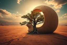 create a surreal image of a giant human head fused with the earth, surface made of dry cracked clay. A large tree grows through the hollow of the face, its branches spreading outward. The desert floor is ancient and textured, sky glows with soft sunlight and clouds. Poetic, mystical tone, ultra-detailed visual storytelling --v 7 --style raw --ar 3:4