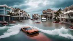 Climate emergency, coastal promenade flooded, sea level rise, danger, disaster, realistic award-winning photograph, detailed, credible, warning, catastrophe, vehicles submerged, buildings flooded, resort devastated, color photograph