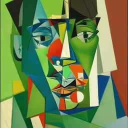 a painting of a man's face with a green background, a cubist painting by Pablo Picasso, reddit, cubism, picasso, cubism, constructivism