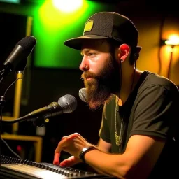 A short brown beard, DJ board,man with a baseball hat sing at microphone, on danchall , microphones,, laser lights, FRONT VIEW