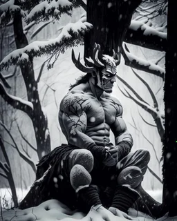 man sitting on a tree in a relaxed laid back style, middle of a snowy forest, muscular athletic physique, wearing a japanese Hannya demon mask over face, cinematic greyish filter