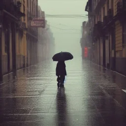 Man walking down the street on a rainy day. Civis compra. Intricate