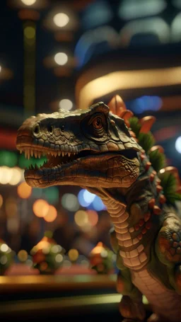 dinosaur with wearing a party bow at a casino, shot on Hasselblad h6d-400c, zeiss prime lens, bokeh like f/0.8, tilt-shift lens 8k, high detail, smooth render, down-light, unreal engine, prize winning