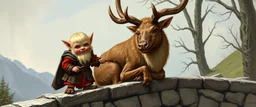 old book illustration, a blonde fluffy gnome quickling kobold gremlin that looks like the opposite of a vampire in bunad leaning on an elk, holding his horns, all on a stone bridge, in the style of master painter