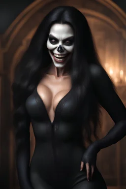 inspired by all the works of art in the world - laughing - Zym Fandell, an extremely tiny, thin, voluptuous beautiful skull-faced vampire werewolf female with long, black hair, full body image, wearing a skinsuit, Absolute Reality, Reality engine, Realistic stock photo 1080p, 32k UHD, Hyper realistic, photorealistic, well-shaped, perfect figure, a multicolored, watercolor stained, wall in the background, hickory dickory Clock