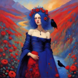 Art by Alice Rahon, Richard Burlet, Odilon Redon, Raymond Swanland, Andrey Remnev, Conrad Roset; Rebellious ravishing girl Rachel, regal in royal blue and ribuli, roaming through the radiant realm of the rainbow river valley with her ruby colored hair, meets a rare raven in a rolling hills of resplendent roses and rustling reeds, under a riotous reflective hues sky.