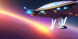 Galactic Voyage - An agency for space travel, bright ufo, light colors, stars