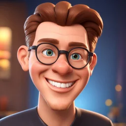 a portrait of smiling western man. caricature. brown short hair. light skin. blue eye pupils. rectangle eyeglasses, black frame. heart face shape. has a lot of goatee. wear black formal dress. pixar style. 3D. 4k. portrait. highly detailed. sharp focus. high resolution. full color. cinema lighting. with food background