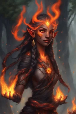 Fire Eladrin druid female. Hair is long and bright black part glows. Part of hair is braided and fire comes out from it. Big bright red eyes. Is generating fire with her hands . Skin color is dark. Has a big deep scar on face. Is making fire from hands