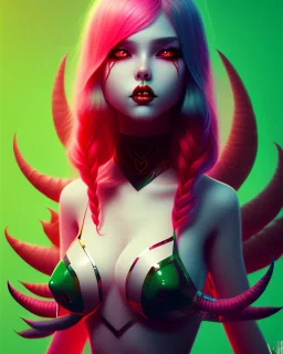 isometric clean art of a cute Demon girl with black horns deep blood red hair and green eyes, soft lighting, soft pastel gradients, high definition, 3d icon clay render, blender 3d