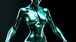 human body bursting out of itself, Sleek and futuristic, this style uses reflective metallic surfaces and a color palette dominated by teal and chrome. It embodies high-fashion sci-fi elegance with geometric and organic motifs.