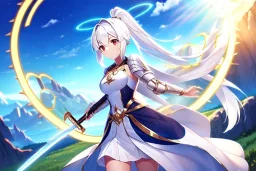 girl, masterpiece, best quality, volumetric lighting, detailed outfit, perfect eyes, long hair, white hair, red eyes, ponytail, armored dress, dynamic pose, halo, white wings, holding sword, landscape, fisheye, sun, lens flare abuse,