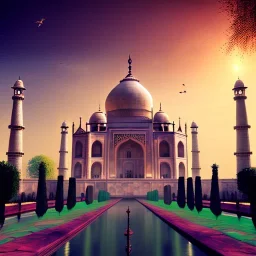 The Taj Mahal, Hindistan, sunset, fantasy art, flying birds, springs, waterfall