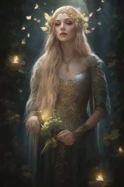 Burgundy hair, dark hair,dark red , rapunzel hair,very long hair,dark fairy princess,elven crown,night,dragonflies,beautiful,ong ashes,golden armor ,sparkle,night blooming,ivy,dark green,lilly of valley,golden elven crown,elven warrior,dark gold armor