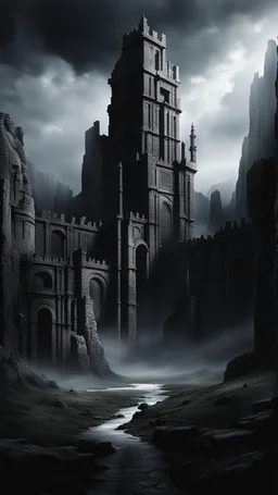 huge black door, stone, black, darkness, ancient, fantasy. high wall