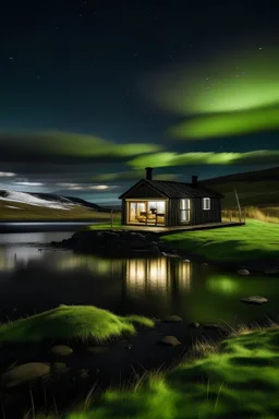 a photo of a black and conteporary cabin in front of a lake, in Iceland, with aurora boreal and a few sheeps around the cabin