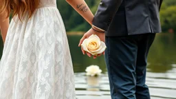 close up Back view couple holding hands close a lake, a white rose swims on the water, in the blur background a lake, some green trees, ultra detailed, sharp focus, perfect anatomy, perfect hands with fingers, perfect photo